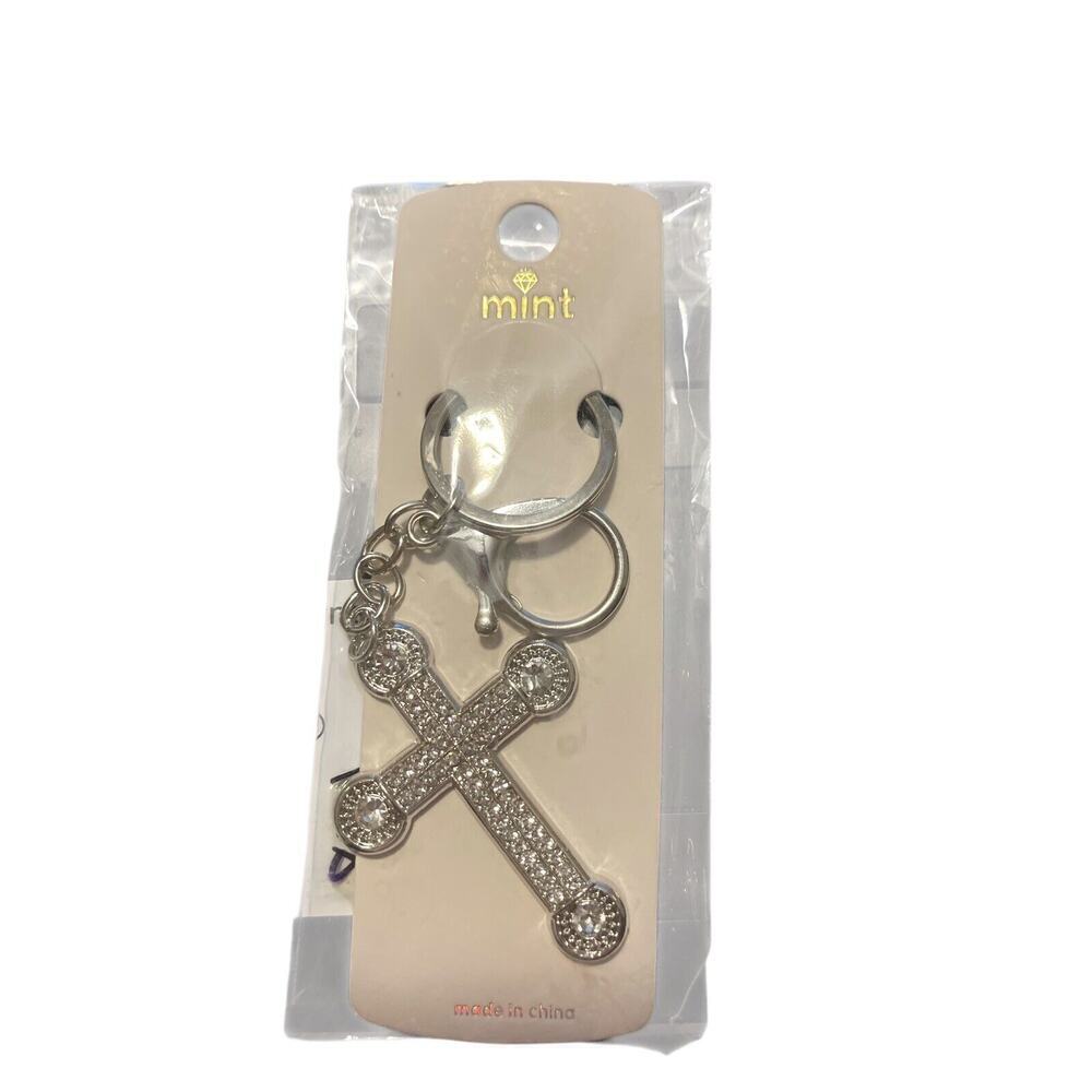 SILVER PLATED RHINESTONE CROSS KEYCHAIN
